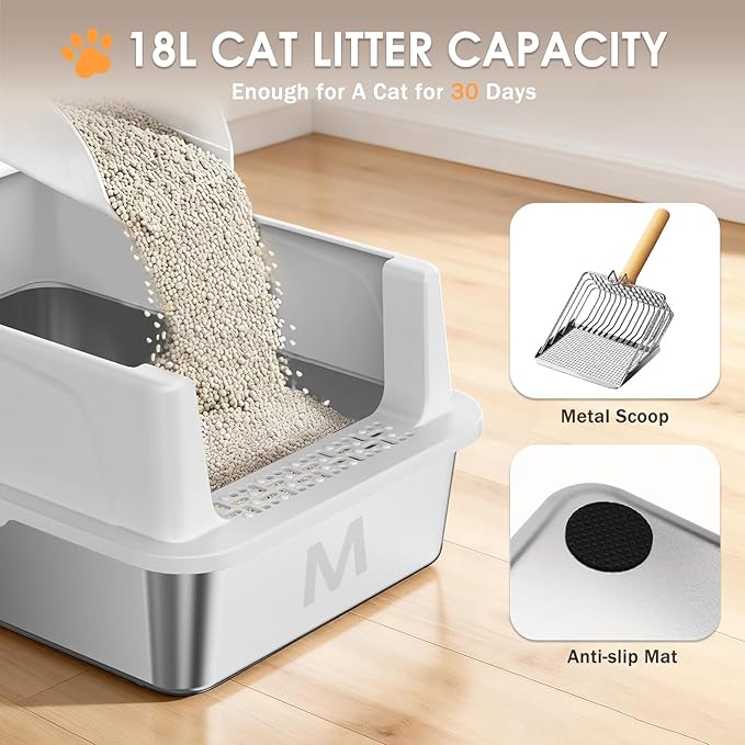 Stainless Steel Litter Box with Lid: Metal Cat Litter Box for Small Cats with Scoop, High Sided Kitty Litter Pan Tray, 17.4'' x 13.5'' x 8.5'',Non-Stick, Anti-Leakage, Easy Cleaning (Light Gray)