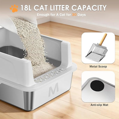 Stainless Steel Litter Box with Lid: Metal Cat Litter Box for Small Cats with Scoop, High Sided Kitty Litter Pan Tray, 17.4'' x 13.5'' x 8.5'',Non-Stick, Anti-Leakage, Easy Cleaning (Light Gray)