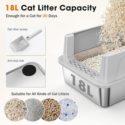 2PACK Stainless Steel Cat Litter Box with Lid, High-Sided Metal Litter Pan for Small Cats, Kitty Litter Box, Non-Stick & Odor-Resistant, Anti-Urine Leakage, Easy to Clean, Scoop Included