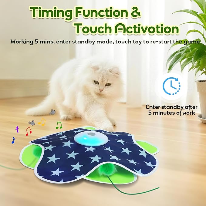 Interactive Cat Toys with Moving Feather Concealed in Mat, Motion Activated, Mouse Squeaky, Rechargeable Cat Exercise Toys for Bored Cats