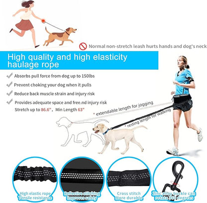 Hands Free Dog Leash with Pouch, Waist Leash for Dog Walking Bungee Leashs Reflective Dual Padded Handles, Running leashe for Dogs Large & Medium Dogs