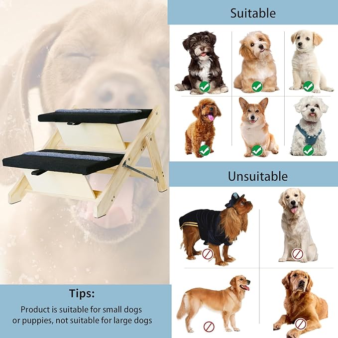 2-in-1 Indoor Pet Ramp, Wooden Folding 2-Tier Pet Stairs with Non-Slip Carpeted Steps, Ramp Perfect for Bed and Couch