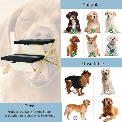 2-in-1 Indoor Pet Ramp, Wooden Folding 2-Tier Pet Stairs with Non-Slip Carpeted Steps, Ramp Perfect for Bed and Couch