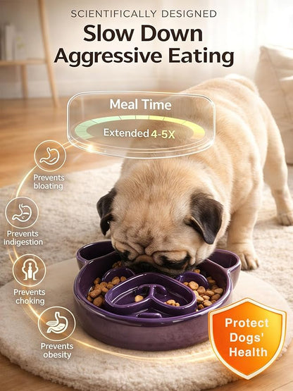 Art Ceramic Slow Feeder Pug Shape, 1.5 Cups Dog Bowl for Small & Medium Breed. Bite-Resistant, Dishwasher Safe, Maze Design to Prevent Fast Eating, Bloat, Choking. Gift for Pet Lovers, Purple