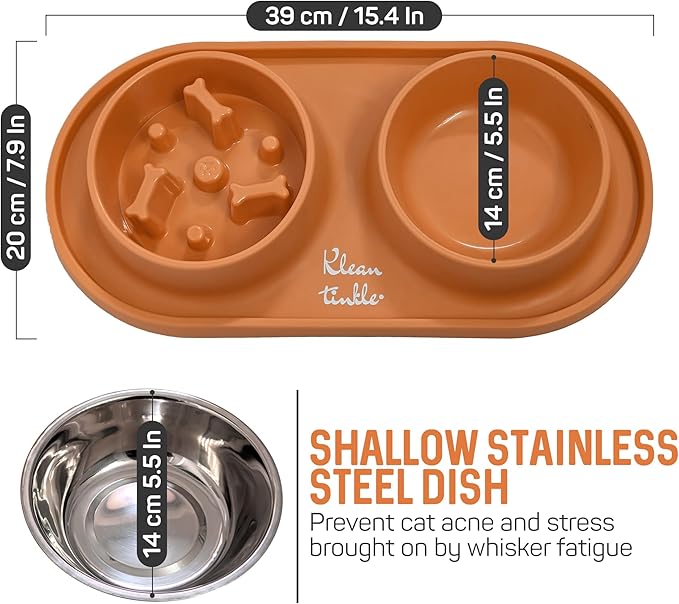 Pets Anti Skid Double Slow Feeder Dog Bowls with Non Skid Silicone Mat - Stainless Steel Dog Water Bowl for Cats & Pets (Orange)