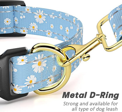 Reflective Dog Collar for Extra Small Dogs, Cute Daisy Theme Adjustable Heavy-Duty Nylon Puppy Collar for Boy and Girl Female, Soft Pet Accessories with Quick Release Buckle, Neck 8-12", Blue