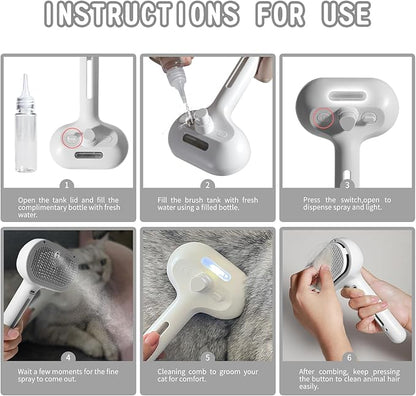 Susu & Wuwu Spray Cat Brush for Shedding - Water Brush for Cats and Dogs - Pet Hair Removal Comb with Water Tank and Release Button - White