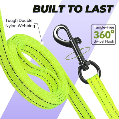 VIVAGLORY Dog Leash Twingrip Double Handle Dog Leash with Traffic Handle Control & 2 Loop for Walking & Training, Reflective Heavy Duty for Puppy Pet Collar, 6ft x 1/2in, Bright Yellow