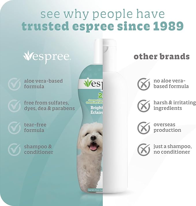 Espree Bright White Whitening Shampoo & Conditioner for Dogs, Stain-Removing, Brightening Formula for White and Light-Coated Pets, Gentle Whitening and Hydrating for Sensitive Skin, 20oz