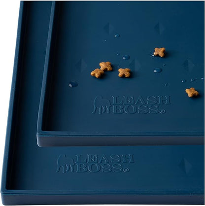 Leash Boss Dog Food Mat - 2-Pack, Waterproof Cat & Dog Bowl Mat for Food and Water, Silicone Pet Feeding Mats for Floors, Non-Slip Placemat with High Edges, Puppy Essentials (Small: 18"x11", Navy)