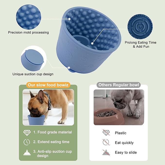 Slow Feeder Dog Bowls, Silicone Dog Lick Bowl with Brush & Scraper, Non-Slip Base Slow Feeder for Anxiety Alleviating & Oral Health, Navy Blue