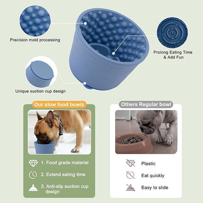 Slow Feeder Dog Bowls, Silicone Dog Lick Bowl with Brush & Scraper, Non-Slip Base Slow Feeder for Anxiety Alleviating & Oral Health, Navy Blue