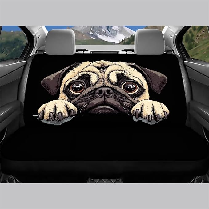 AFPANQZ Pug Dog Car Seat Cover for Rear Bench Seats Polyester Fabric Protects Against Dirt Pet Fur Dog Hair, Easy to Install with Universal Fit for Cars Trucks and SUV