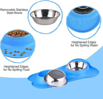 Dog Bowls 2 Stainless Steel Bowl for Pet Water and Food Feeder with Non Spill Skid Resistant Silicone Mat for Pets Puppy Small Medium Cats Dogs
