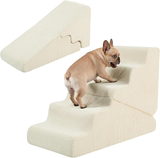 Dog Ramp for Bed, 23" H Dog Stairs for High Bed, 2 in 1 Pet Steps for Small Dogs, 5-Step Foldable Transformable Large Cats Ramp to Get on Couch, Non-Slip Balanced, Beige