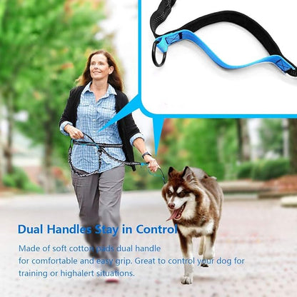 Hands Free Dog Running Leash with Adjustable Waist Belt, Dual Handle Elastic Bungees Retractable Rope for Small and Medium Dogs, Reflective Stitches for Walking Hiking Biking (Large, 25-120lb)