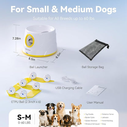 HETOO Automatic Ball Launcher for Dogs: Ball Launcher for Dogs - Tennis Thrower for Dogs with 6 Balls- Interactive Mental Stimulation Dog Toys - Small/Medium Sized Launcher- Yellow