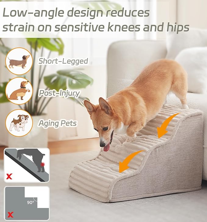 Dog Stairs for Small Dogs and Cats 18" H, High Density Support Foam Dog Steps Ramp for Bed and Couch, Pet Stairs with Non-Slip Bottom and Remove Washable Cover, 4-Step Pet Steps, Beige