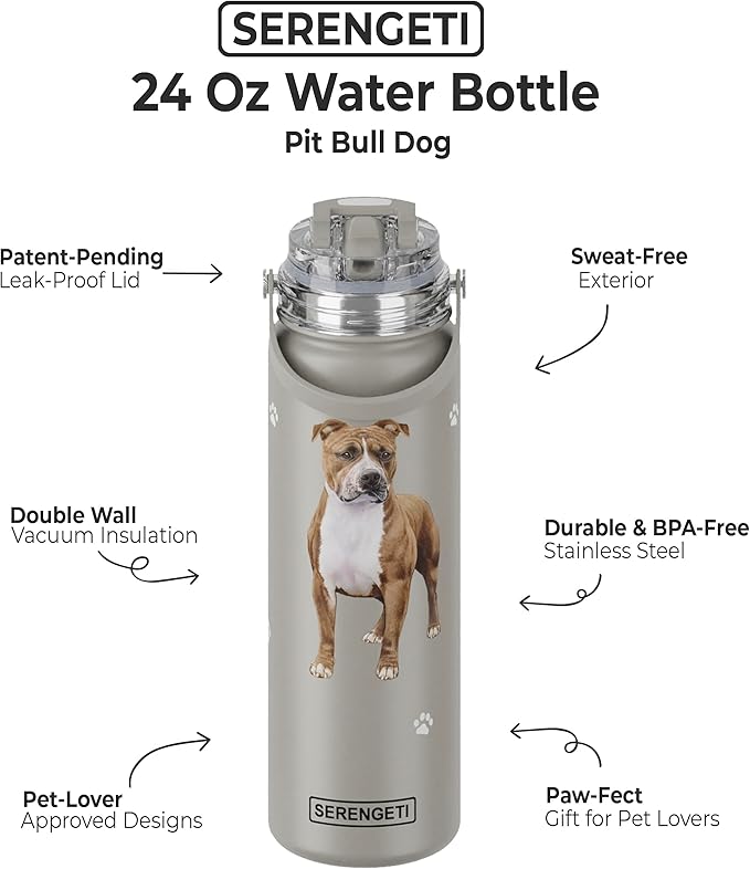 SERENGETI 24 Oz Water Bottle Stainless Steel with Spill Proof Lid - Double walled Vacuum Insulated water flask - Realistic 3D Print of your favorite dog (Pit Bull)