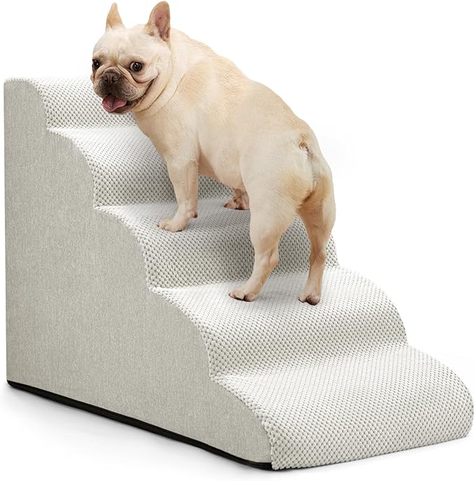 Dog Stairs for Bed 22.4”H,5-Step Dog Ramp for Small Dogs & Cats,Pet Steps for Dogs to get on High Bed, Indoor Anti-Slip Pet Stairs for Old Cats and Puppy,Light Grey