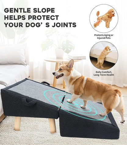 Dog Stairs for Small Dogs and Cats – 2-in-1 Dog Ramp for Couch and Low Bed, 16.5'' Foldable Wooden Pet Ramp, Sturdy Multi-Use Split Ottoman Design, Dark Blue