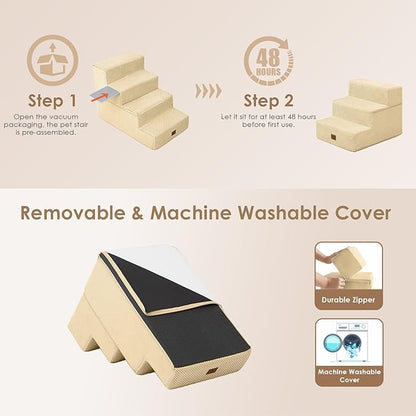 EHEYCIGA Dog Stairs for Small Dogs 13.5" H, 3-Step Dog Steps for Couch Sofa and Chair, Pet Steps for Medium Cats, Non-Slip Balanced Pet Ramp Indoor, Graige