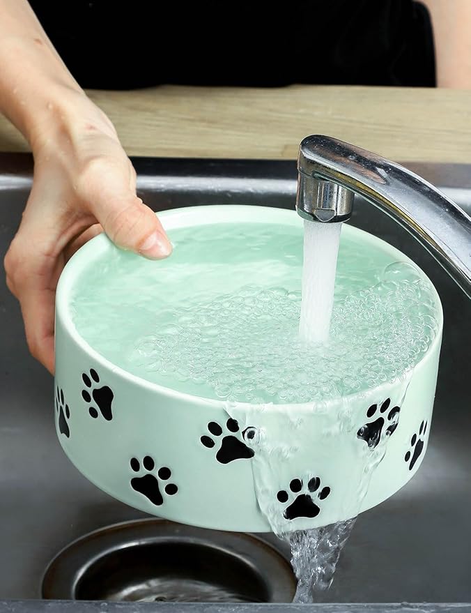 6.5 Inch Green Ceramic Dog Bowl with Paw Print Pattern - Porcelain Wide Mouth Dog Food or Water Bowls, Large Feeding Pet Bowls for Indoor Medium Sized Dogs, for Wet or Dry Food