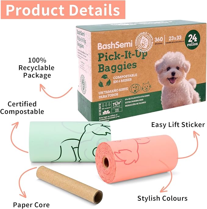Compostable Dog Poop Bags, 360 Count (24 Rolls) – Leak-Proof, Extra Thick, Unscented Dog Waste Bags, Eco-Friendly, Fits All Dispensers