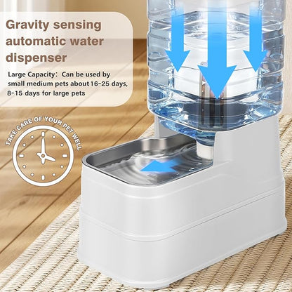 2.2 Gallon Pet Automatic Dog Water Dispenser Cat Gravity Waterer Feeder with Stainless Steel Bowl Large Capacity Puppy Feeding Raised Bowls with Filter,Ice Pack (White, 8L(2.2 Gallon))