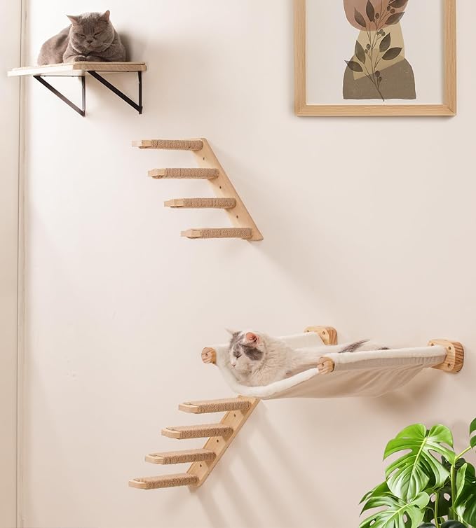 Cat Wall Hammock, Dual-Sided Cat Wall Bed with Canvas & Plush Fabric for All Seasons, Wall Mounted Shelf for Large Cats, Modern Perches for Lounging & Napping