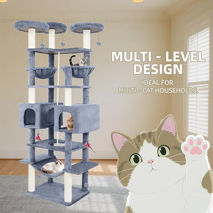 71in Multifunctional Multi-Level Cat Tree Tower for Indoor Cats,Cat Tree with Hammock,2 Condos,2 Hanging Baskets,2 Feather Toys,3 Perches,5 Hanging Balls,7 Scratching Posts,Grey