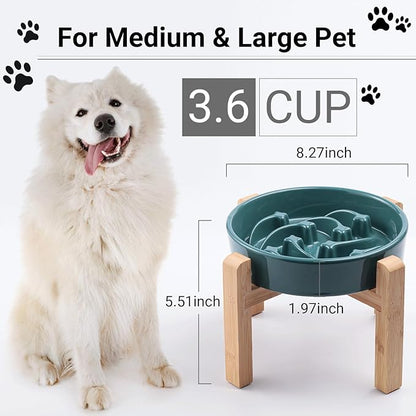 Ceramic Slow FeederDog Bowl for Medium Large Dogs,Heavy Weighted,Puzzle Eating Bowl Modern Maze (Stars Mark-Forest Green, 8.66in)