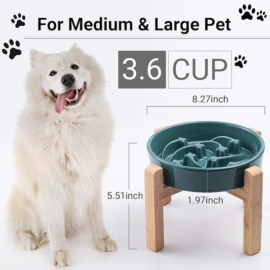 Ceramic Slow FeederDog Bowl for Medium Large Dogs,Heavy Weighted,Puzzle Eating Bowl Modern Maze (Stars Mark-Forest Green, 8.66in)