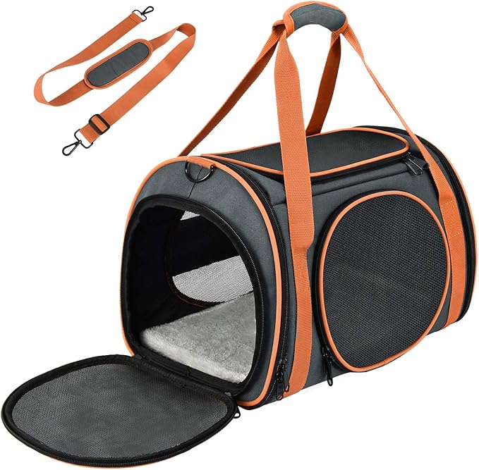 Cat Carrier TSA Airline Approved with Ventilation for Small Medium Cats Dogs Puppies, Dog Carrier with Big Space, 5 Mesh Windows, 4 Open Doors for Comfortable Travelling.