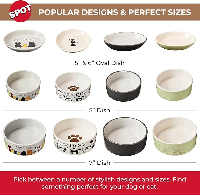 SPOT I Love Dogs Dish -Round Ceramic Food/Water Bowl with High Walls for Pets, Dishwasher Safe, Ideal for Small Dogs, Cats, Reptiles, Large Birds, 5in, 1.75 Cup (14oz)