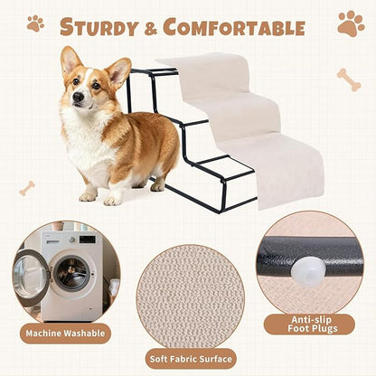 Stairs for Dogs to get on Bed 3-Step Pet Ramp for High Beds Sponge Dog Ramp Non-Slip Washable Cover The Sturdy Iron Frame with Anti-Slip Points Ideal for Small Dogs Cats Senior Pets with Joint Issues