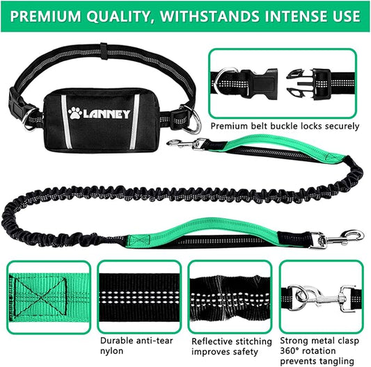 LANNEY Hands Free Dog Leash, Waist Running Leash with Zipper, Walking Pouch for Medium Large Dogs, Dual Handle and Retractable Bungee for Training Jogging Hiking(25-120 lbs, Teal)