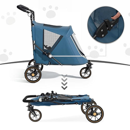 MoNiBloom Pet Stroller for Large Dogs or Multiple Dogs Cats with Adjustable Handle, 3-Wheels Dual Entry Portable Dog Carting Easy Folding Pet Wagon Double Dog Stroller up to 55 lbs, Navy Blue