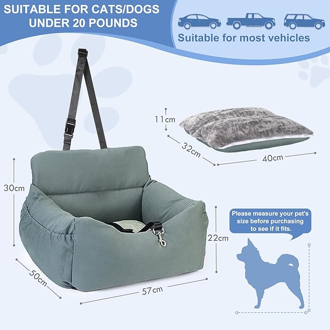 Dog Car Seat for Small Dogs, Pet Booster Seat with Clip-On Safety Leash and Storage Pockets, Washable Travel Dog Car Bed for Puppy (Gray Green)