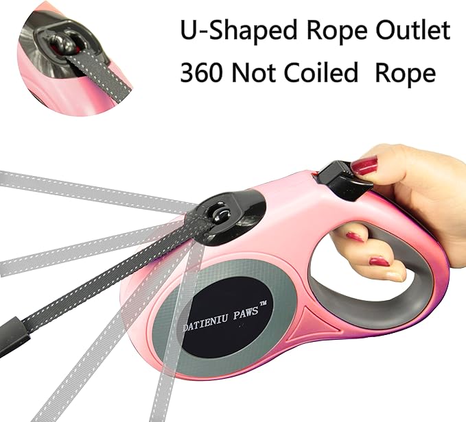 Retractable Dog Leash Strong Nylon Tape 16Ft Reflective Stitch for Night Walking One-Handed Brake Anti-Slip Handle XL Pink