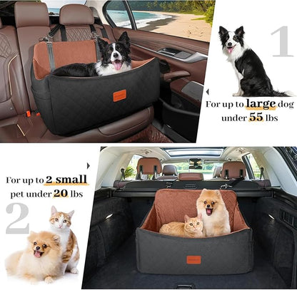 Wooaidagg Dog Car Seat for Medium & Large Dogs Up to 55lbs, Memory Foam Cushion, Washable Cover, Safety Straps & Non-Slip Bottom(Black/Brown,Large)