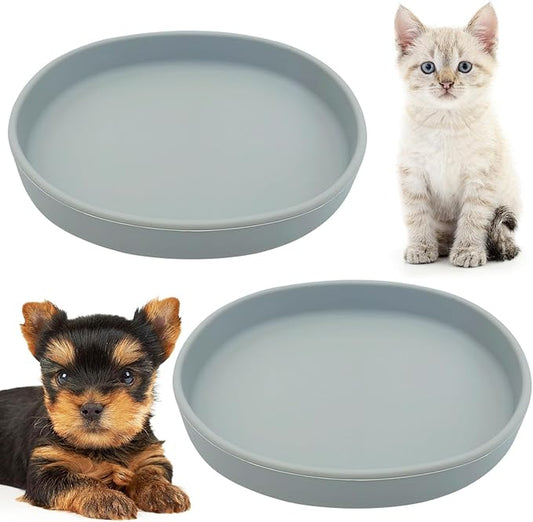 Fhiny 2 PCS Silicone Cat Food Bowls Shallow Dog Bowl 7" Non-Slip Pet Feeding Dishes for Dry and Wet Food Whisker Fatigue Cat Plates for Kitten Puppy and Small Pets (Gray)