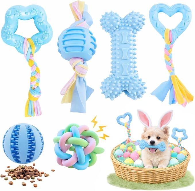 Chew Toys for Small Dogs – 6 Pack Teething Set, Soft Rubber, Eco-Friendly, Teeth Cleaning, Interactive Blue Dog Toys
