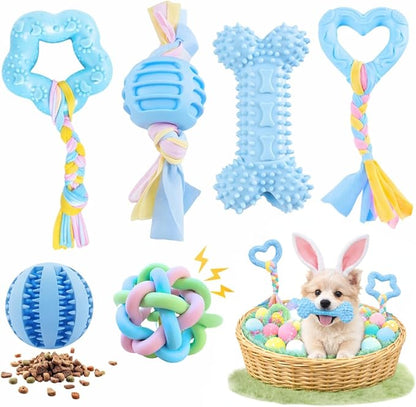 Chew Toys for Small Dogs – 6 Pack Teething Set, Soft Rubber, Eco-Friendly, Teeth Cleaning, Interactive Blue Dog Toys