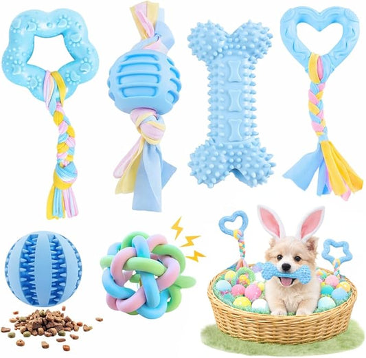 Chew Toys for Small Dogs – 6 Pack Teething Set, Soft Rubber, Eco-Friendly, Teeth Cleaning, Interactive Blue Dog Toys