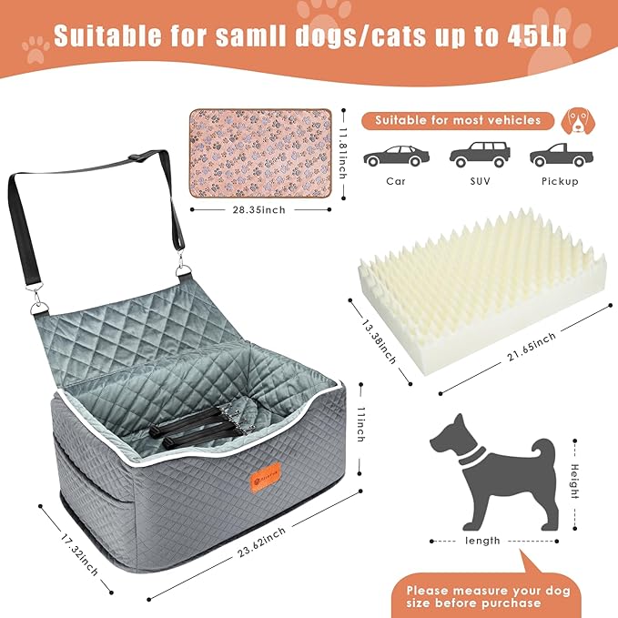 AlfaTok Memory Foam Booster Dog Car Seat for Medium Dogs Under 45 LBS, Elevated Pet Car Seat with Detachable Washable Cover, Anti-Slip Sturdy Dog Booster Seat with Seat Belt for Back Seat Travel