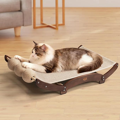 Extra-Larger Sisal Cat Scratcher Bed with Ball, 3-in-1 Cat Scratching Pad with Hammock, Natural Sisal with Solid Wood Frame Cat Scratch Post for Indoor Cats Lounger & Sleep & Scratch (Walnut)