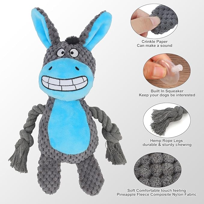 Dog Toys, Dog Squeaker Toys with Crinkle Paper, Stuffed Animal Dog Plush Chewing Toy, Cotton Rope Interactive Toys for Puppy, Small, Middle Dogs (Dark Gray Donkey)