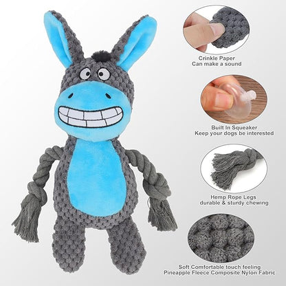 Dog Toys, Dog Squeaker Toys with Crinkle Paper, Stuffed Animal Dog Plush Chewing Toy, Cotton Rope Interactive Toys for Puppy, Small, Middle Dogs (Dark Gray Donkey)