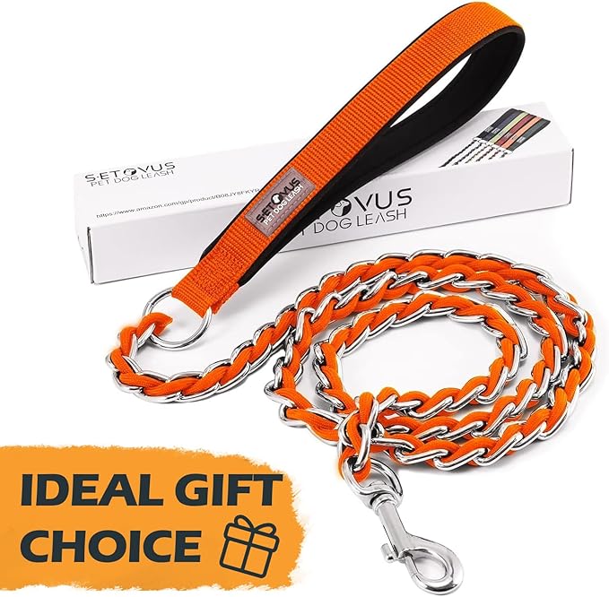Chain Dog Leash Chew Proof Metal Leash for Medium Large Dogs, Chain Link Dog Anti Chew 5.2FT / 4FT Strong Anti Bite Comfortable Soft Padded Handle (Orange, 5FT(5-30lb))